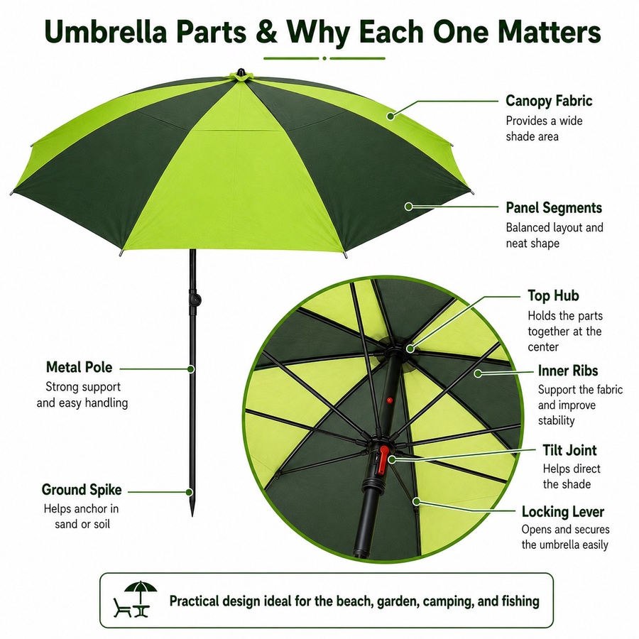 Tilting Beach Umbrella – for Camping, Fishing & Sun Protection - مظلة شاطئ قابلة للإمالة – للتخييم والصيد والحماية من الشمس