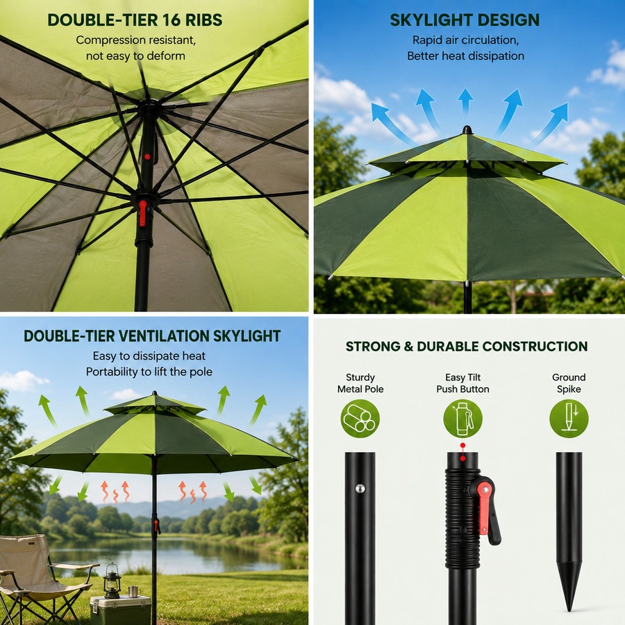 Tilting Beach Umbrella – for Camping, Fishing & Sun Protection - مظلة شاطئ قابلة للإمالة – للتخييم والصيد والحماية من الشمس