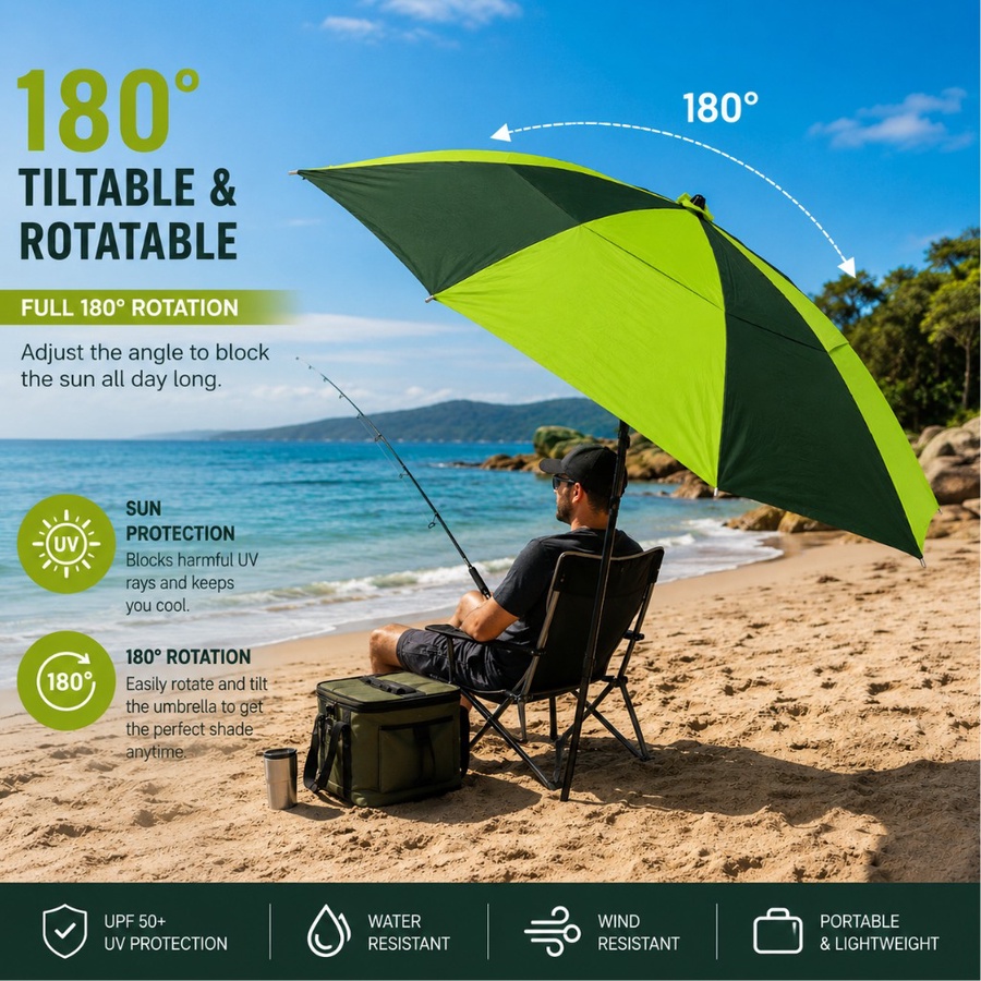 Tilting Beach Umbrella – for Camping, Fishing & Sun Protection - مظلة شاطئ قابلة للإمالة – للتخييم والصيد والحماية من الشمس