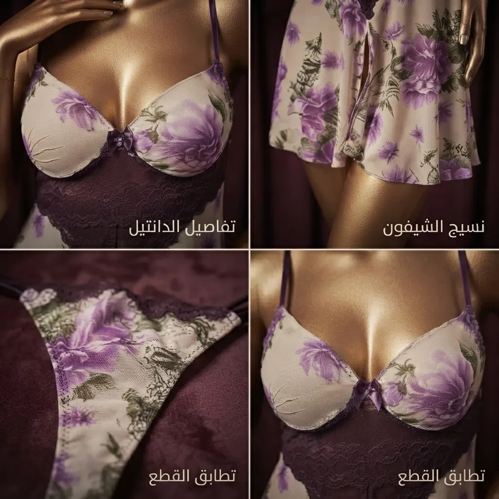 قميص نوم نسائي كريس كود 014 بطبعة الورود البنفسجية والدانتيل