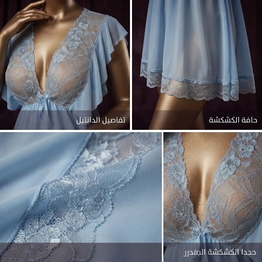 قميص نوم نسائي ريكاز كود 589 الأزرق السماوي بتفاصيل الدانتيل والكشكشة