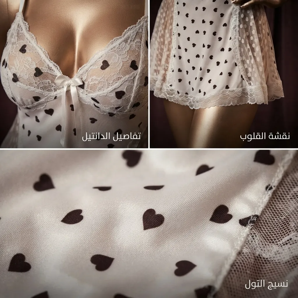 قميص نوم نسائي ميار بطبعة القلوب الرقيقة والجوانب الدانتيل الشفافة