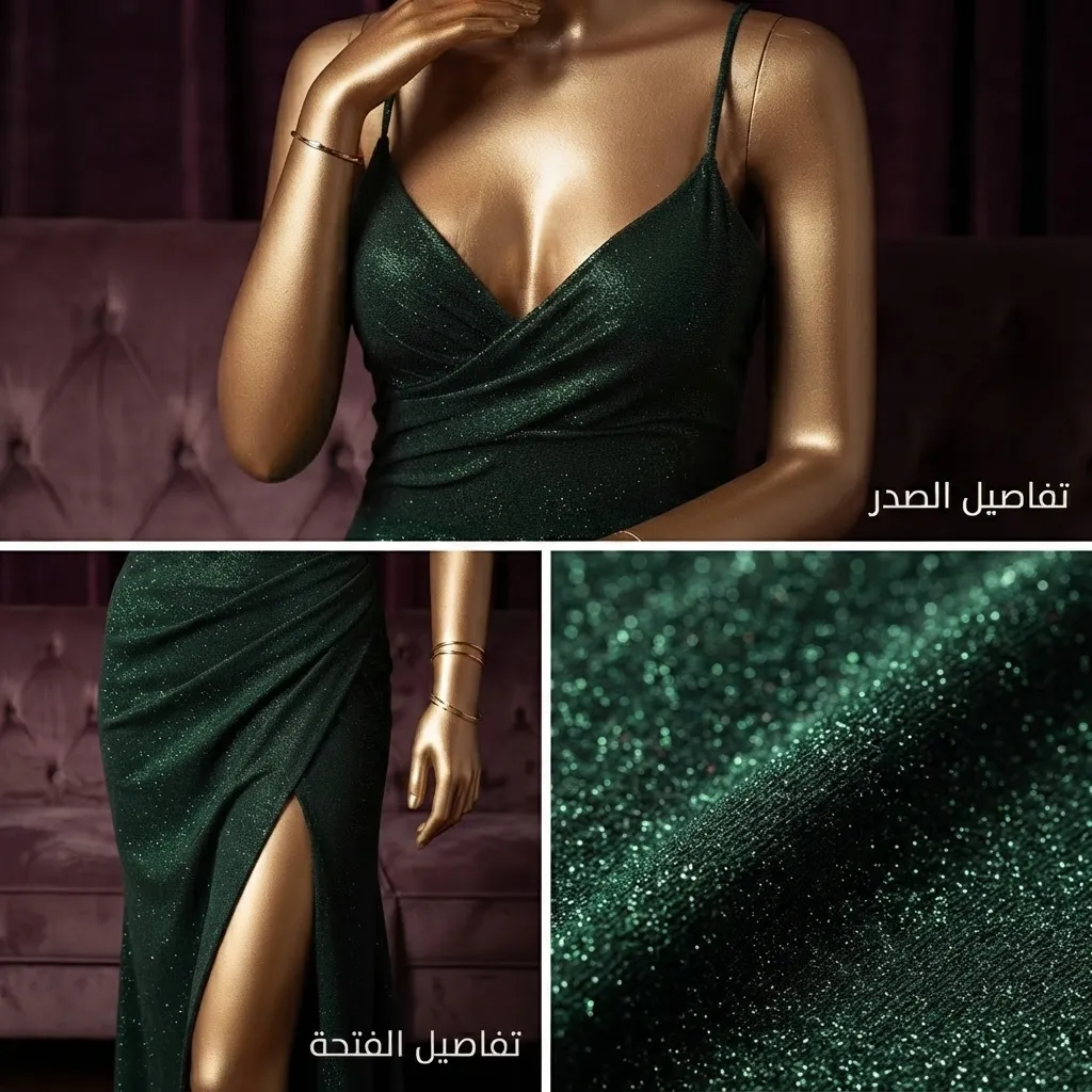 فستان سهرة طويل نسائي أخضر زمردي لامع بتصميم ملفوف وفتحة جانبية