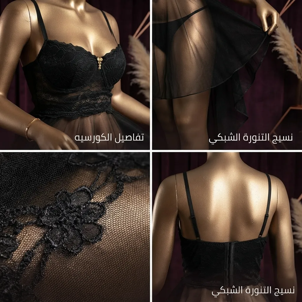 قميص نوم وست أوف باريس كود 3037 أسود كب مبطن مع تول وحزام ذهبي