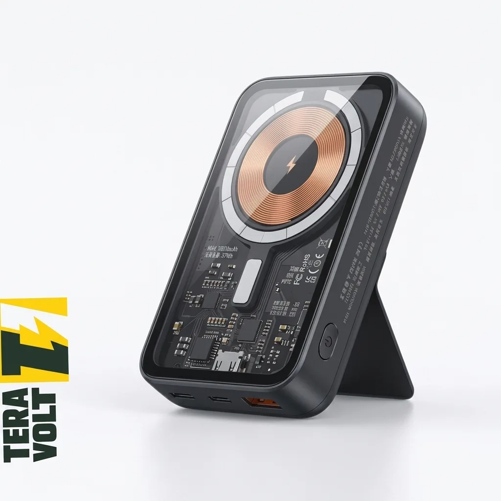باور بانك Tera Volt مغناطيسي وايرلس 10000mAh مع استاند مدمج وشحن سريع 22.5W