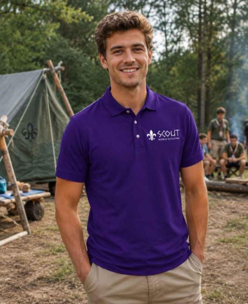 تيشرت كشافة بولو بنفسجي بشعار World Scouting – تيشرت كشفي للأنشطة والمعسكرات