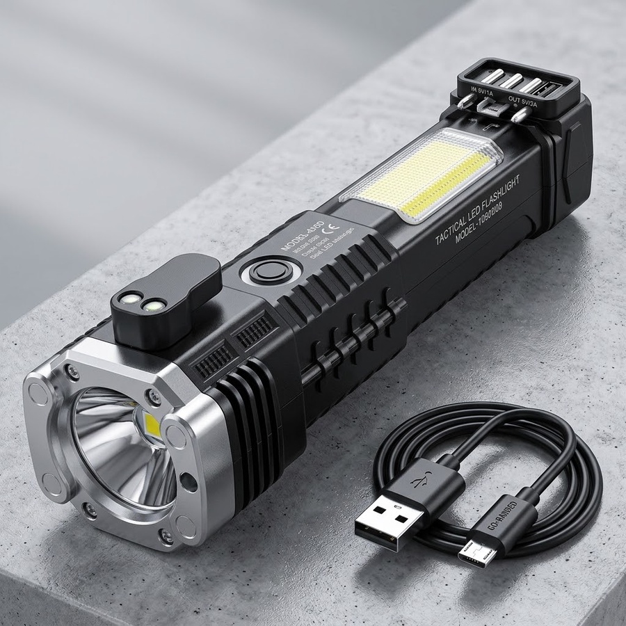 مصباح يدوي LED تكتيكي فائق السطوع مع باوربانك وكشاف طوارئ