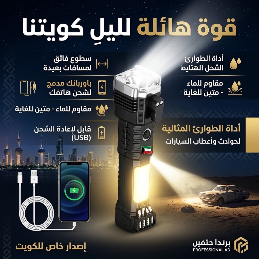 مصباح يدوي LED تكتيكي فائق السطوع مع باوربانك وكشاف طوارئ