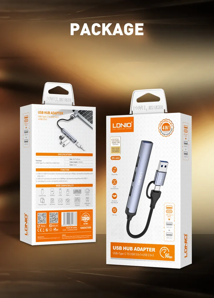 لادنيو ميني هاب 4 × 1 ( يو إس بي + تايب سي - تو - يو إس بي 3.0 × 1 + يو إس بي 2.0 × 3)- LDNIO Mini Hub 4 in 1 (USB + Type C to USB 3.0 ×1 + USB 2.0 × 3) (140 mm) DS-64U