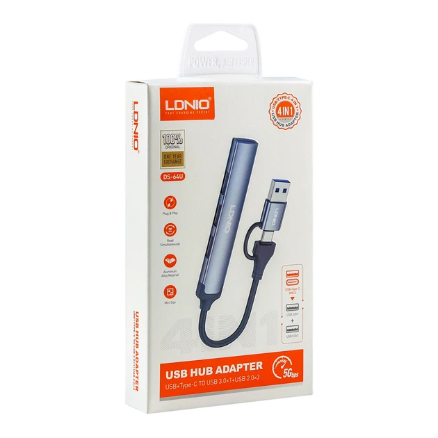 لادنيو ميني هاب 4 × 1 ( يو إس بي + تايب سي - تو - يو إس بي 3.0 × 1 + يو إس بي 2.0 × 3)- LDNIO Mini Hub 4 in 1 (USB + Type C to USB 3.0 ×1 + USB 2.0 × 3) (140 mm) DS-64U