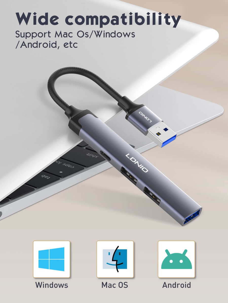 لادنيو ميني هاب 4 × 1 ( يو إس بي - تو - يو إس بي 3.0 × 1 + يو إس بي 2.0 × 2 + تايب سي 2.0 × 1) - LDNIO Mini Hub 4 in 1 (USB to USB 3.0 ×1 + USB 2.0 ×2 + Type C 2.0 × 1) (120 mm) DS-44C