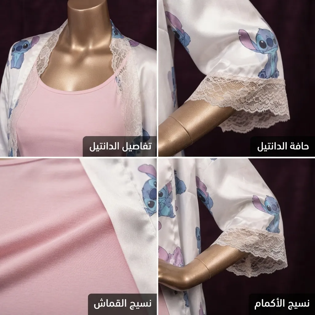 طقم روب وقميص نوم مارلي قطعتين وردي مطبوع بشخصية ستيتش
