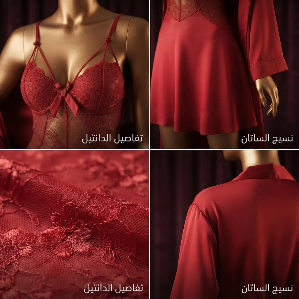 طقم روب وقميص نوم جوده كود 555 أحمر بتفاصيل الدانتيل الفاخر