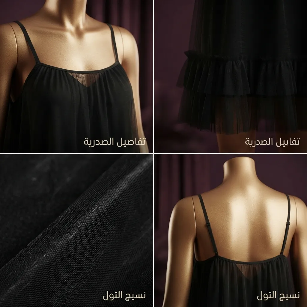 قميص نوم قصير أسود بحمالات وتصميم كشكشة سفلية رقيقة