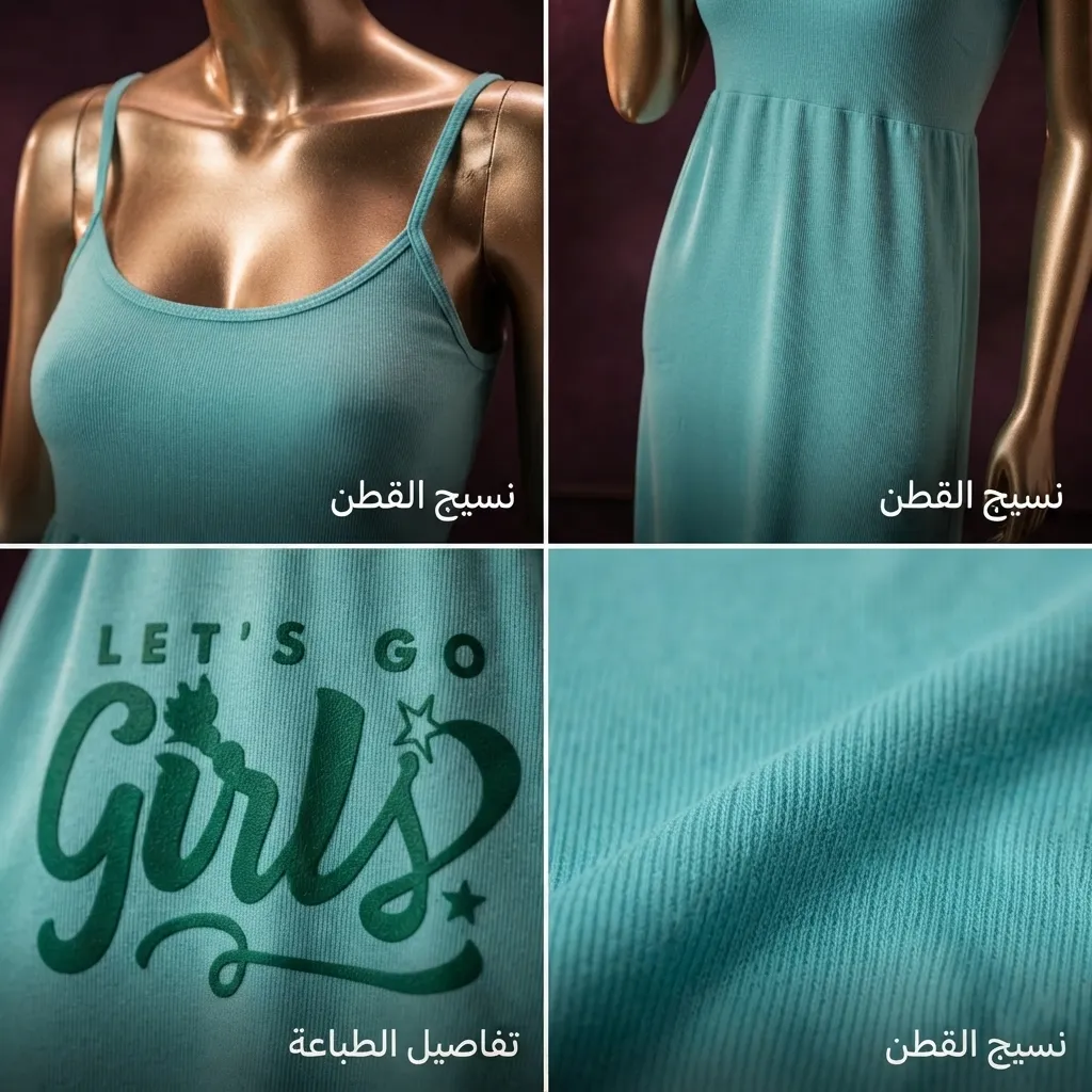قميص نوم طويل صيفي تركواز بحمالات وطبعة "Let's Go Girls" قماش ريب
