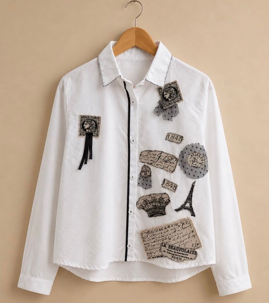 Vintage Appliqué Hand-Stitched White Shirt