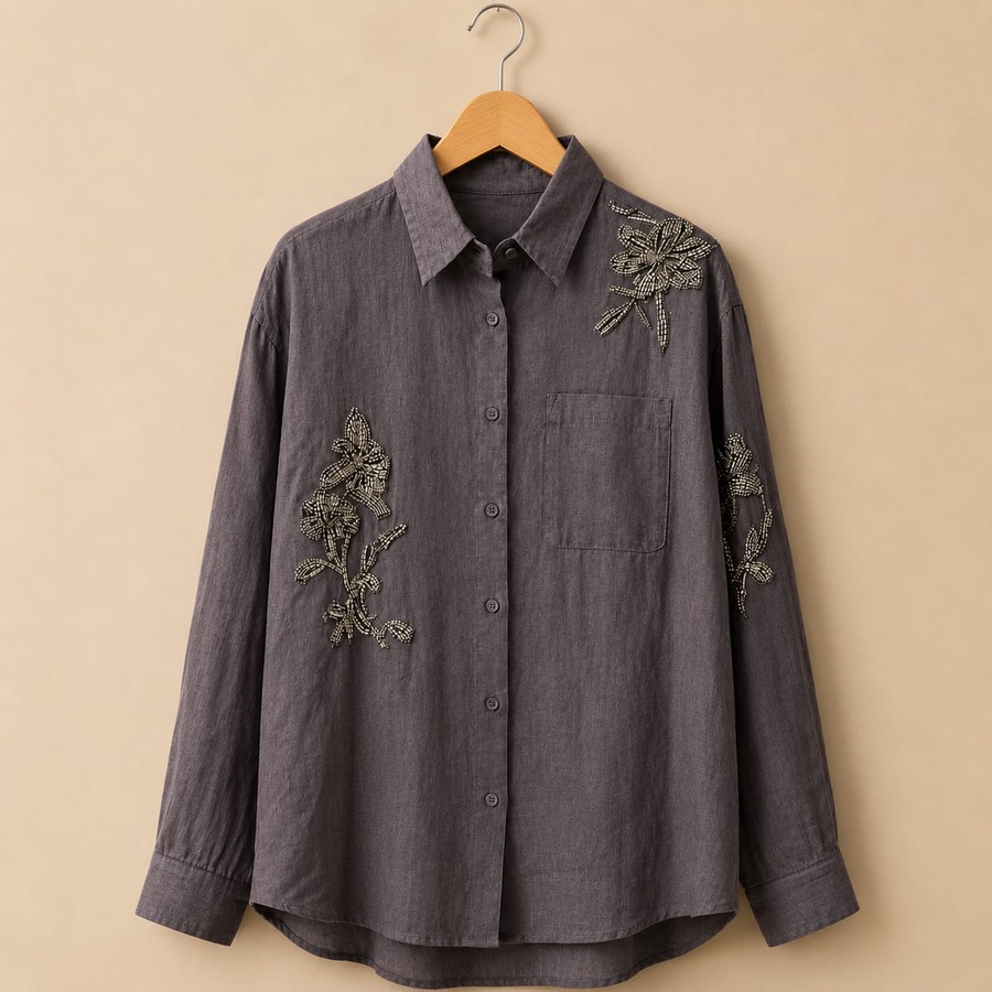 Charcoal Grey Hand-Beaded Floral Two-Piece Set