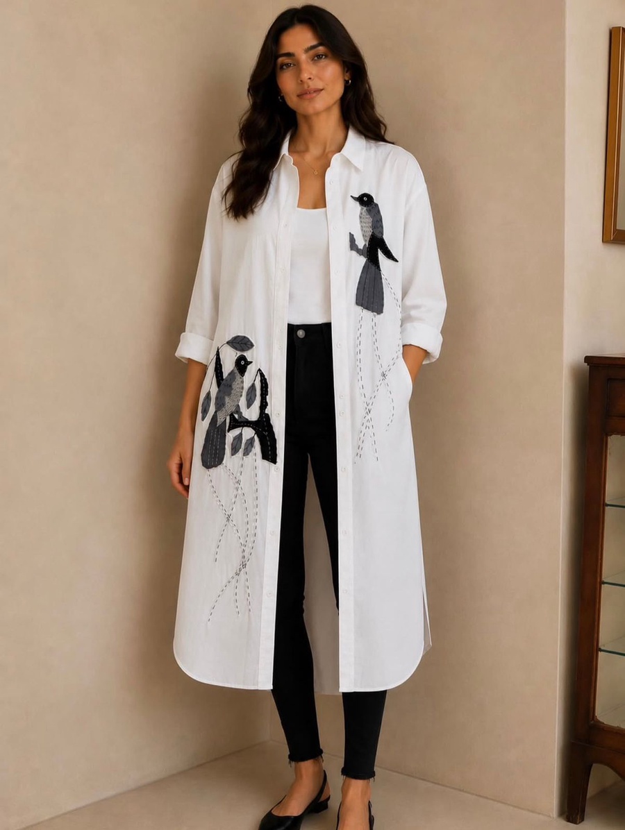 White Longline Shirt with Handcrafted Bird Appliqués