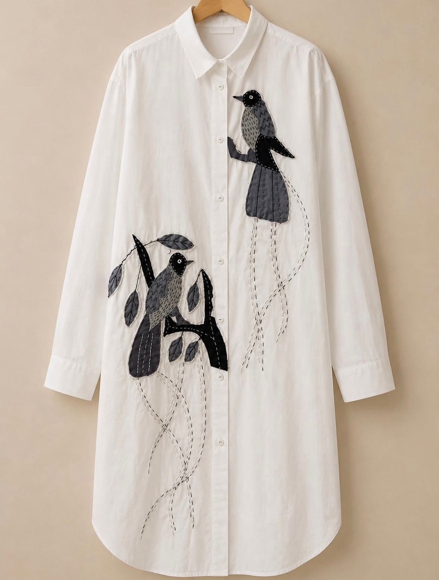 White Longline Shirt with Handcrafted Bird Appliqués