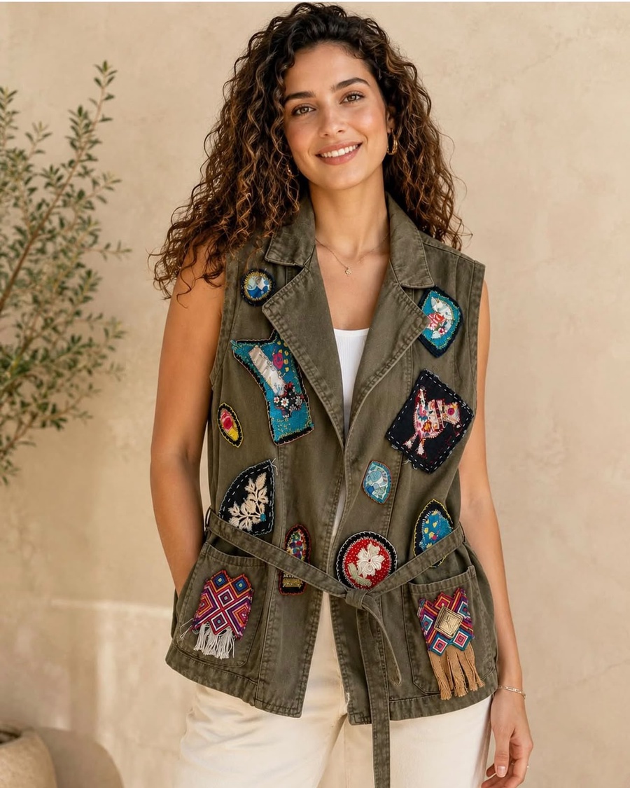 Olive Green Denim Vest with Hand-Stitched Embroidered Patches