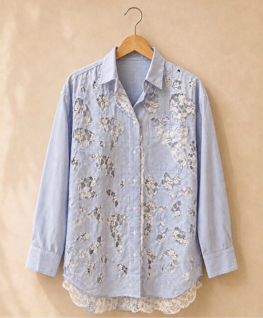 Powder Blue Oversized Shirt with Delicate Floral Lace