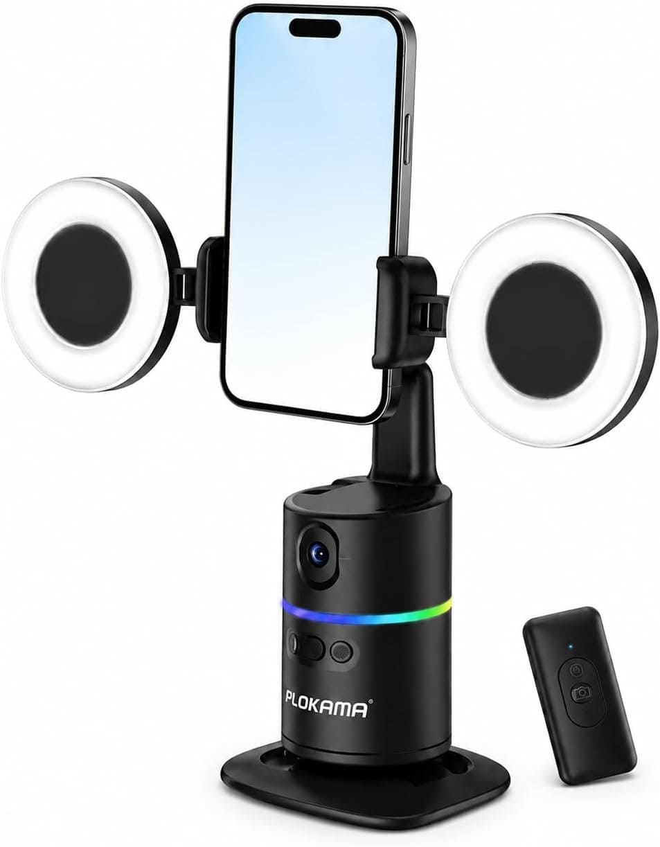 Smart AI Tripod, 360° AI Face Tracking, Gesture Control, Dual Ring Lights, Wireless Remote Control, Type-C Charging, Universal Smartphone Compatibility, Foldable & Portable Design