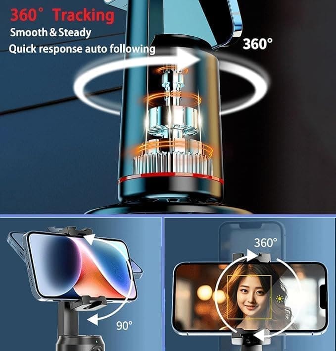 Smart AI Tripod, 360° AI Face Tracking, Gesture Control, Dual Ring Lights, Wireless Remote Control, Type-C Charging, Universal Smartphone Compatibility, Foldable & Portable Design