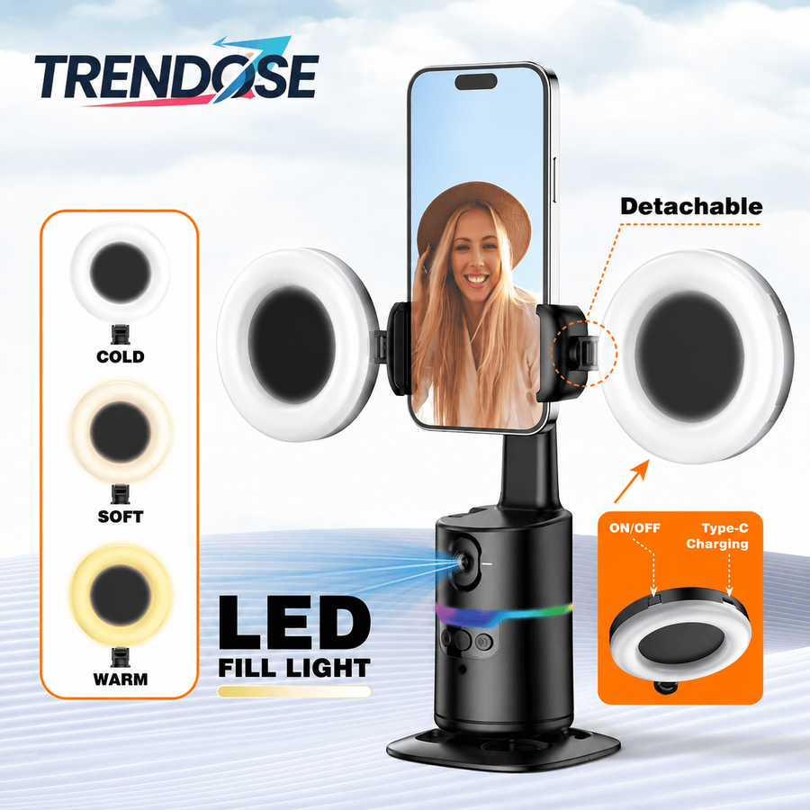 Smart AI Tripod, 360° AI Face Tracking, Gesture Control, Dual Ring Lights, Wireless Remote Control, Type-C Charging, Universal Smartphone Compatibility, Foldable & Portable Design