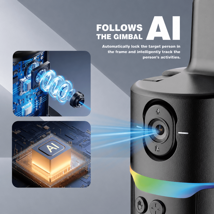 Smart AI Tripod, 360° AI Face Tracking, Gesture Control, Dual Ring Lights, Wireless Remote Control, Type-C Charging, Universal Smartphone Compatibility, Foldable & Portable Design