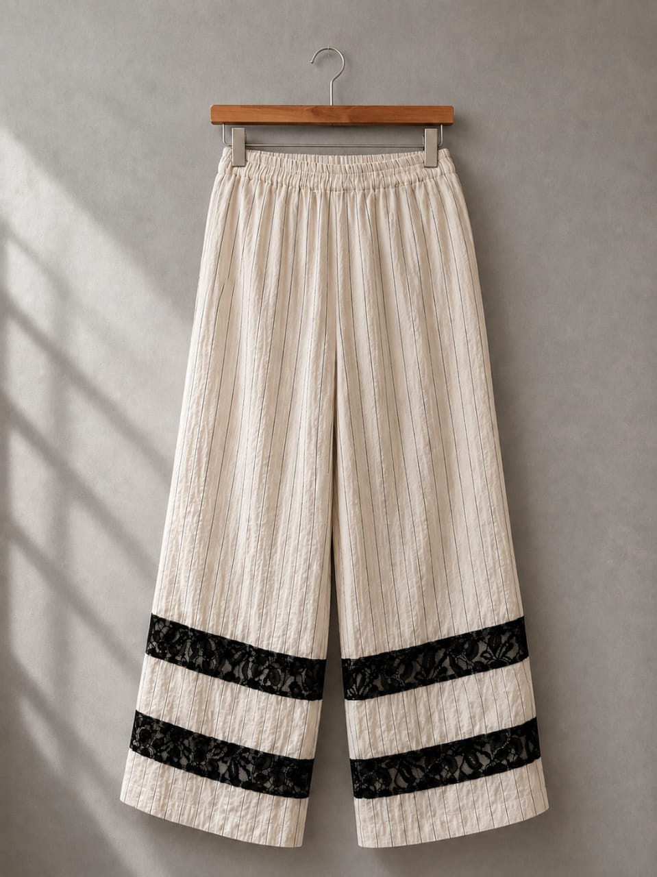 Ivory Linen Set with Black Floral Lace – Elegant Women’s Two-Piece Set