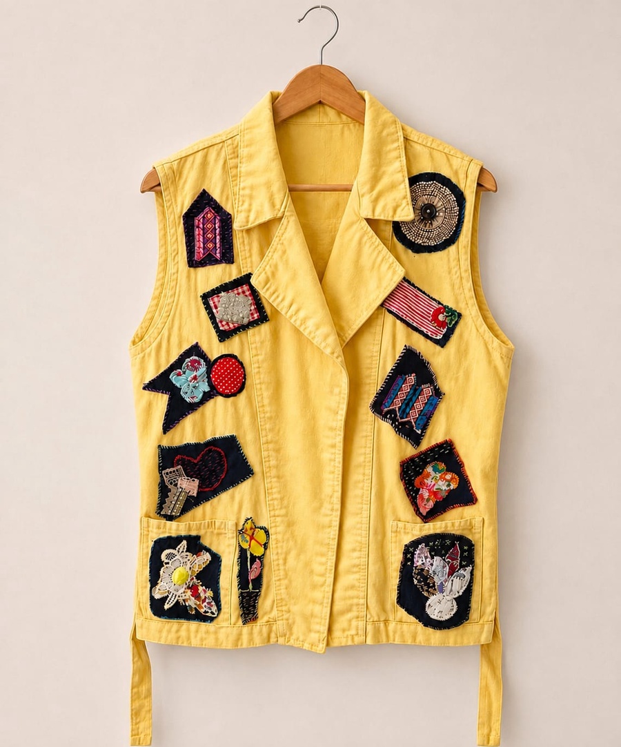 Yellow Denim Embroidered Patchwork Vest