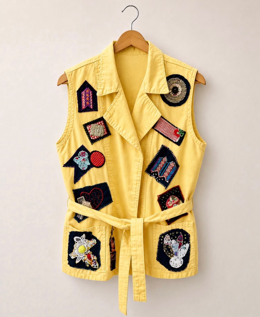 Yellow Denim Embroidered Patchwork Vest