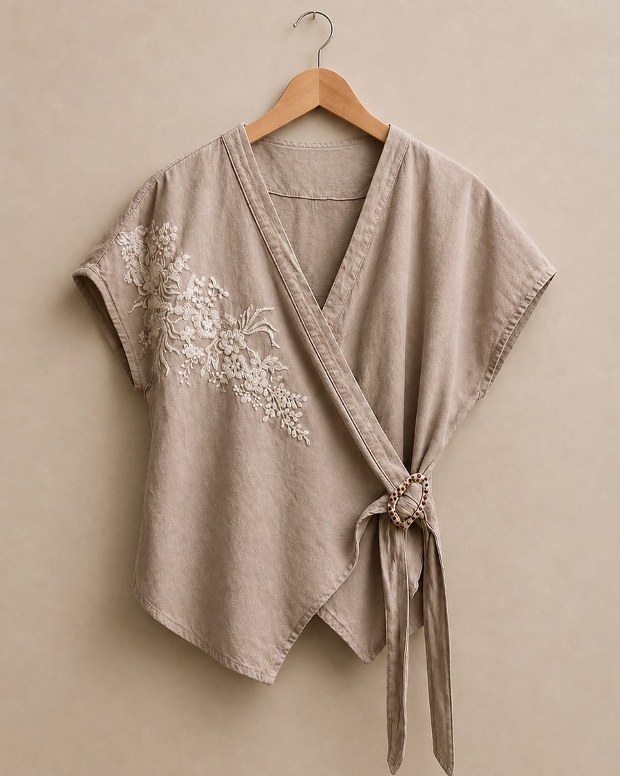 Taupe Beige Floral Embroidered Two-Piece Set