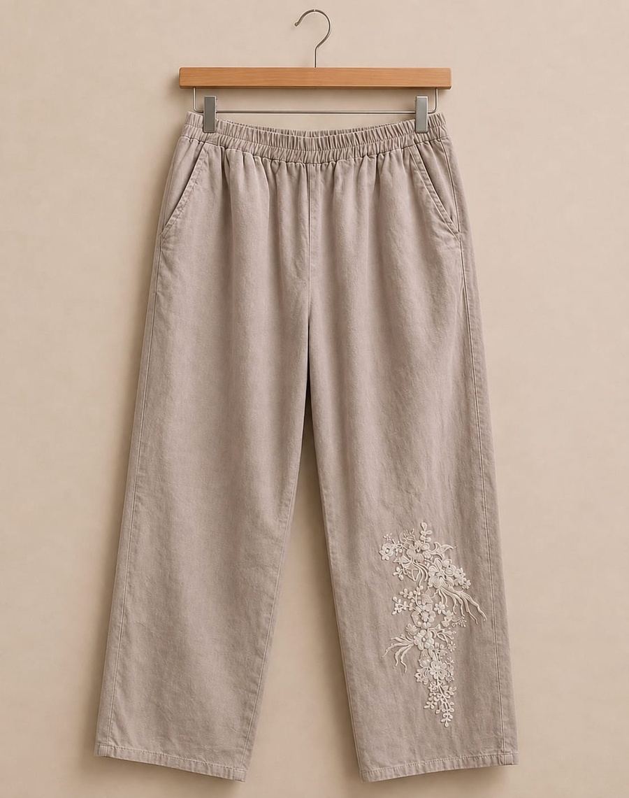Taupe Beige Floral Embroidered Two-Piece Set