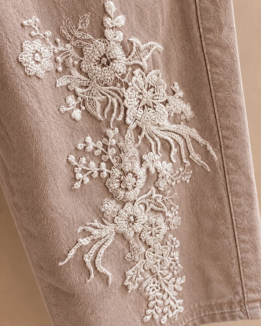 Taupe Beige Floral Embroidered Two-Piece Set