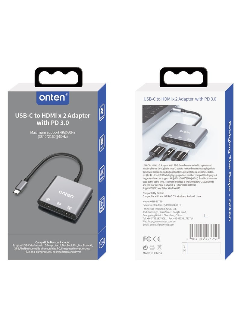 Onten USB-C to Dual HDMI Adapter with PD 3.0 (OTN-9175S)