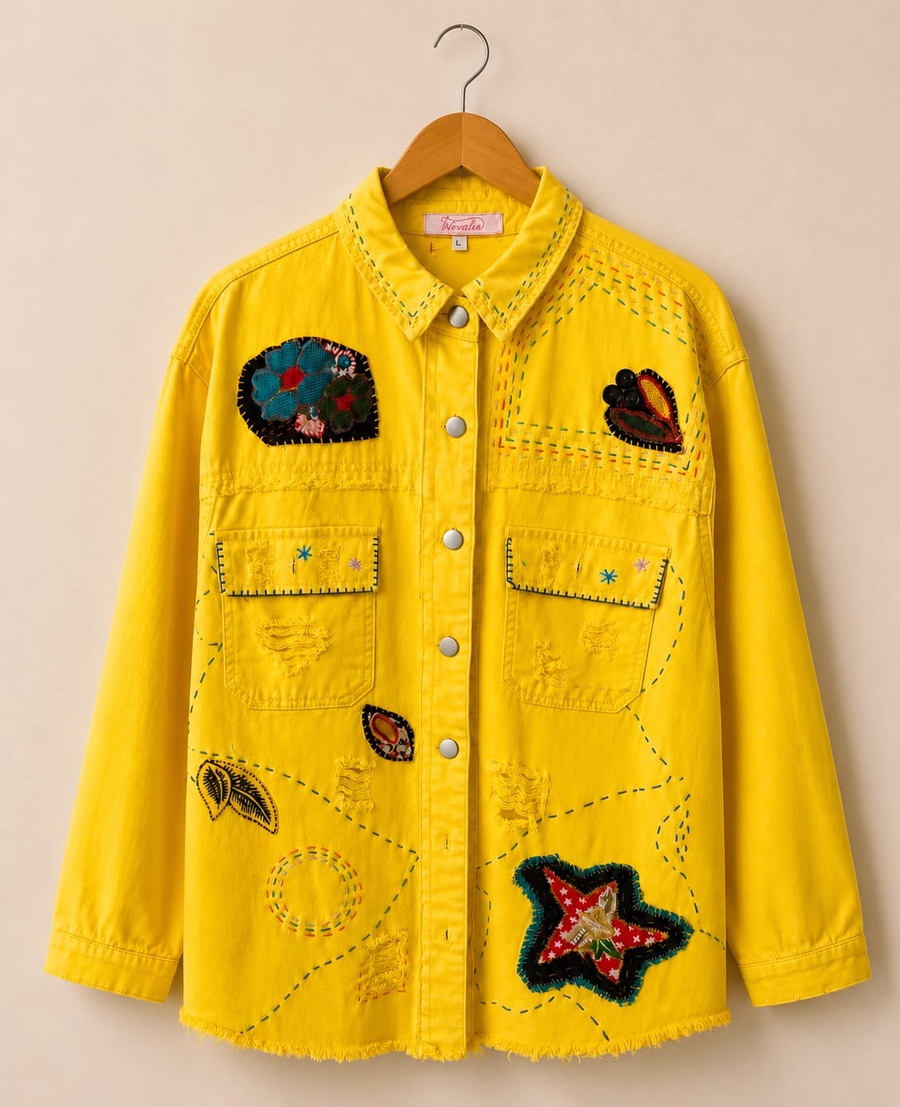 Yellow Denim Jacket with Embroidered Patches
