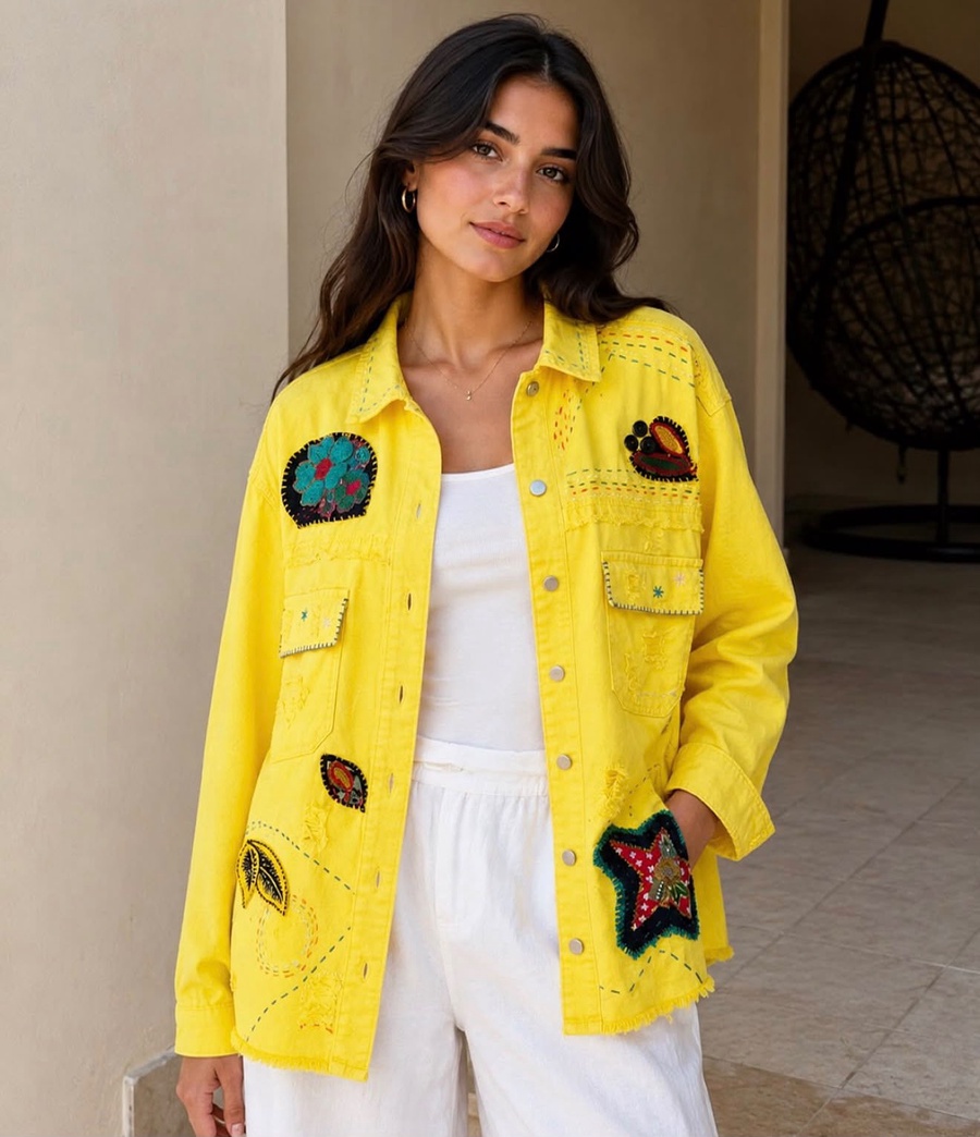 Yellow Denim Jacket with Embroidered Patches