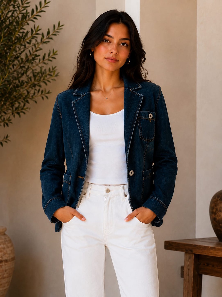 Dark Wash Denim Blazer with Decorative Back Trim
