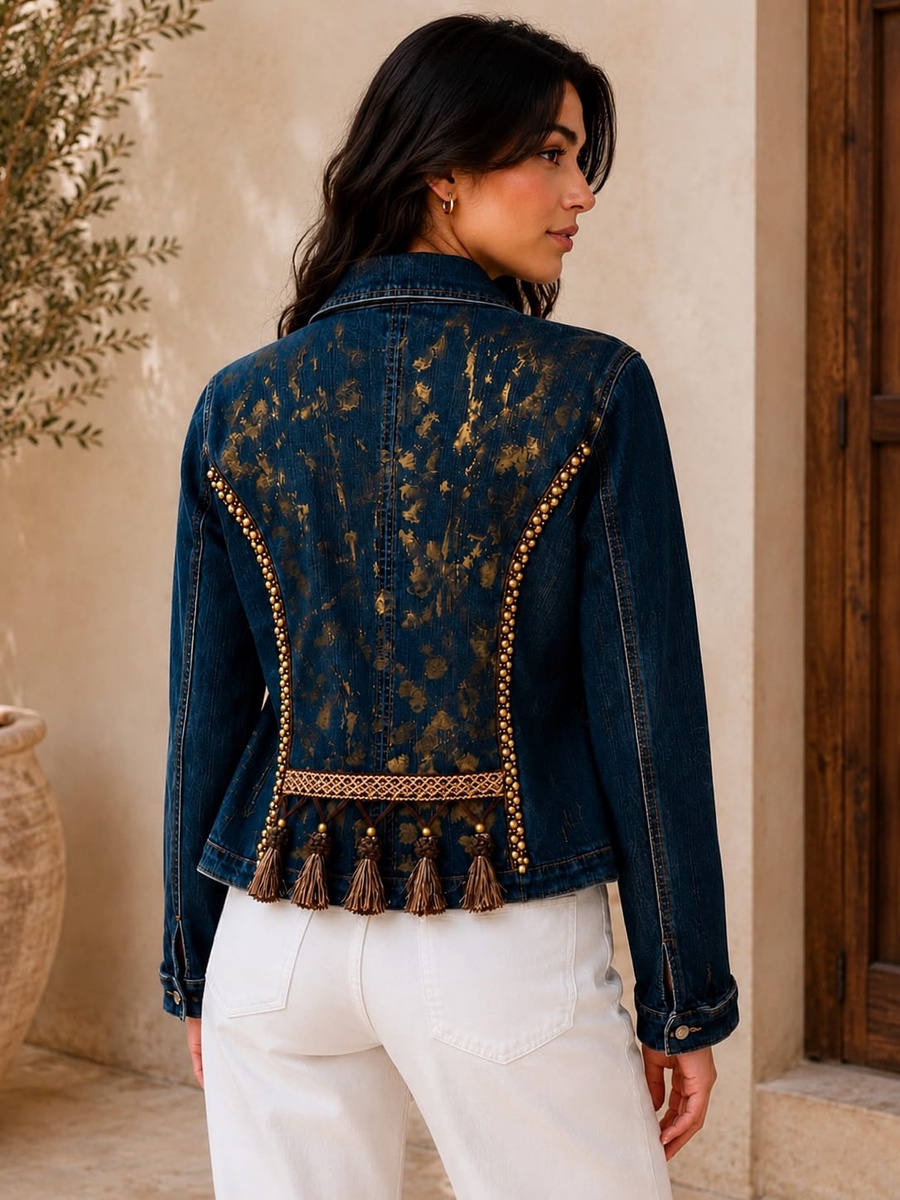 Dark Wash Denim Blazer with Decorative Back Trim