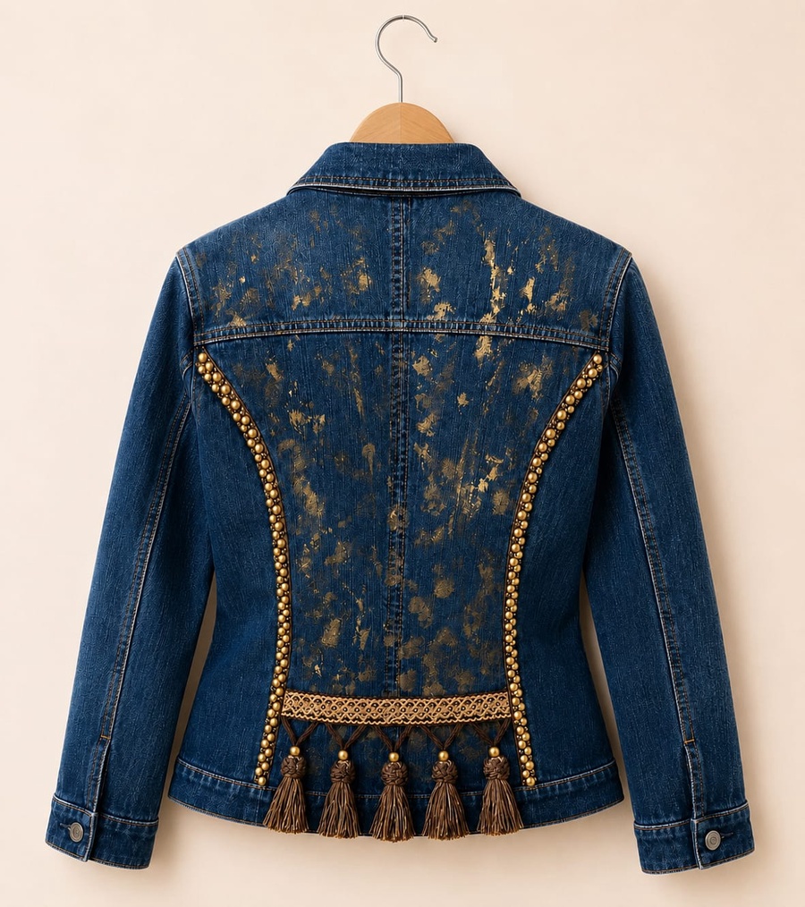 Dark Wash Denim Blazer with Decorative Back Trim