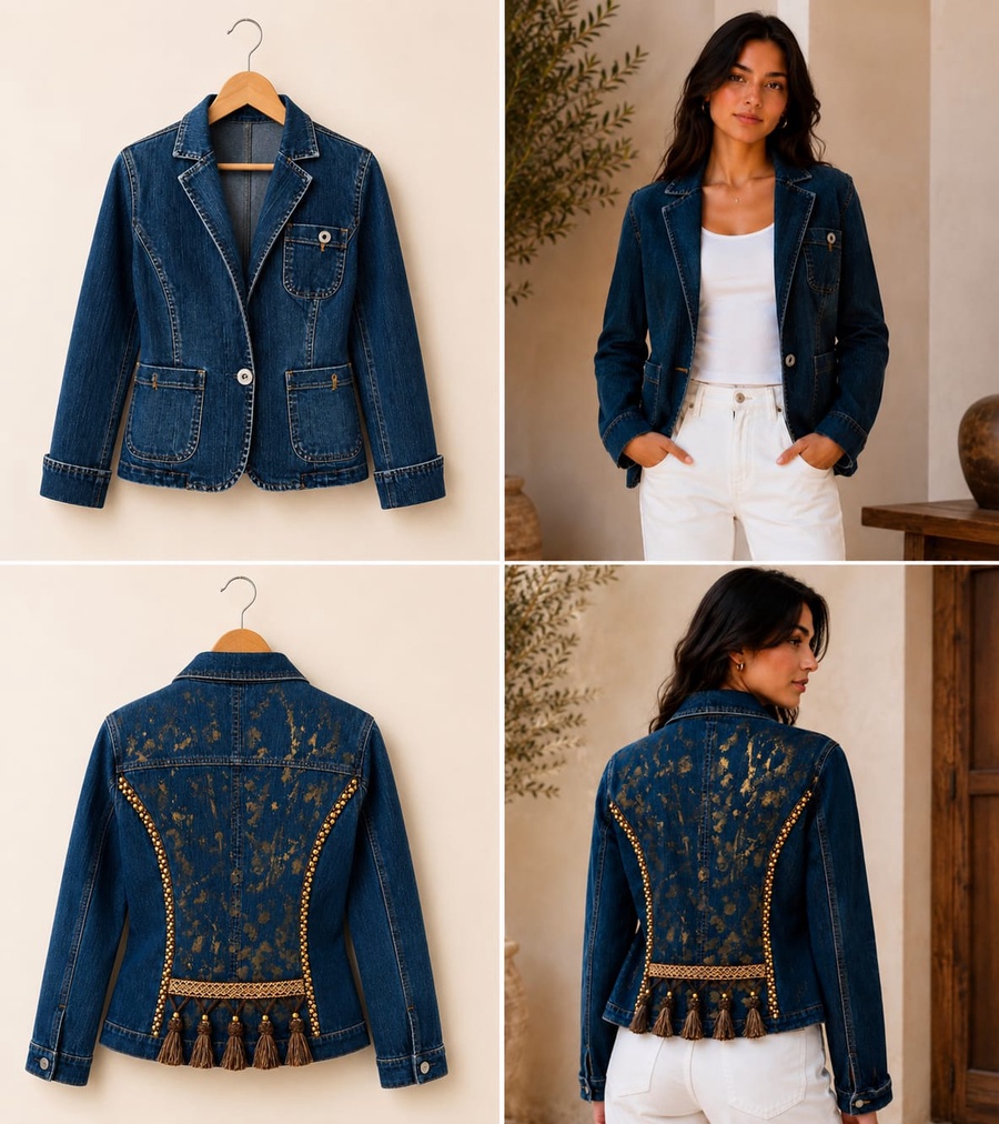 Dark Wash Denim Blazer with Decorative Back Trim