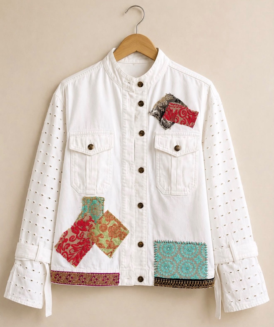 White Denim Jacket with Unique Patchwork