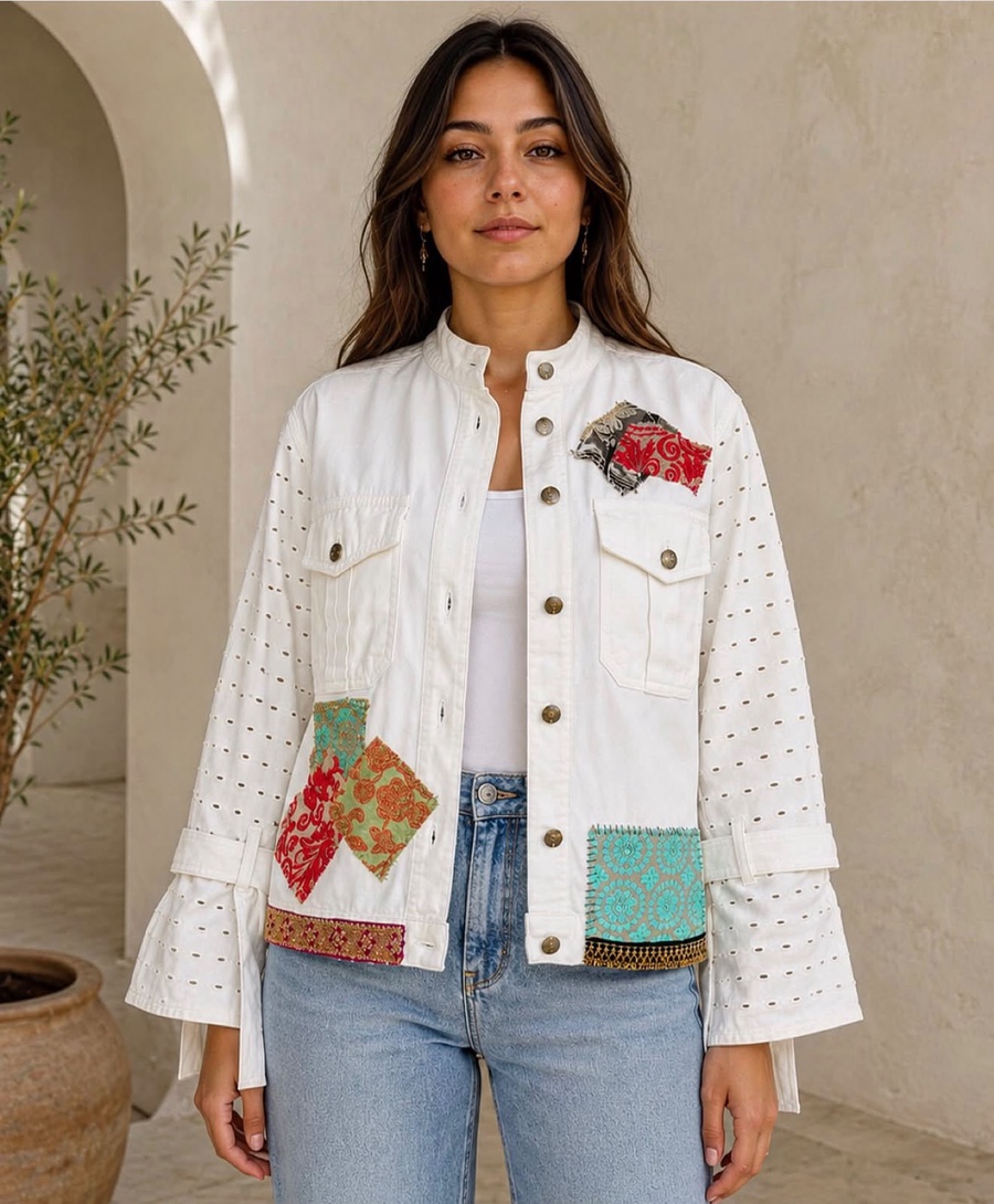 White Denim Jacket with Unique Patchwork