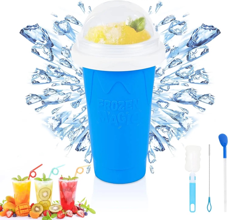كوب السموذي والمشروبات المثلجة الذكي SqueezeCup Pro من السيليكون الغذائي مع ملعقة وماصة 2 في 1