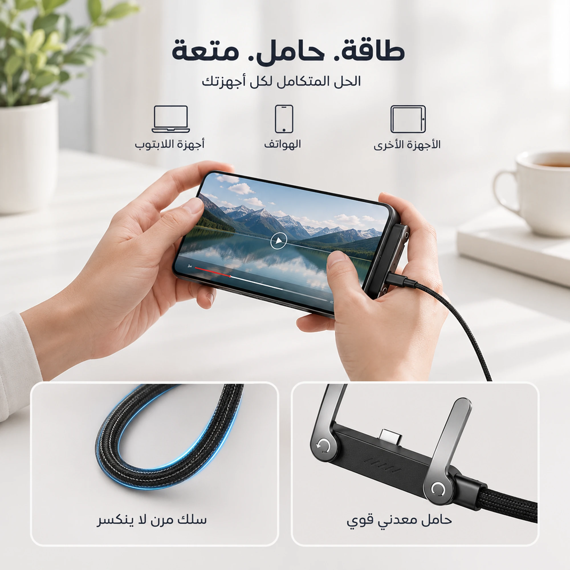 الوصلة بتشحن الموبايل والتابلت واللابتوب والستاند المعدني بيسند الموبايل للمشاهدة