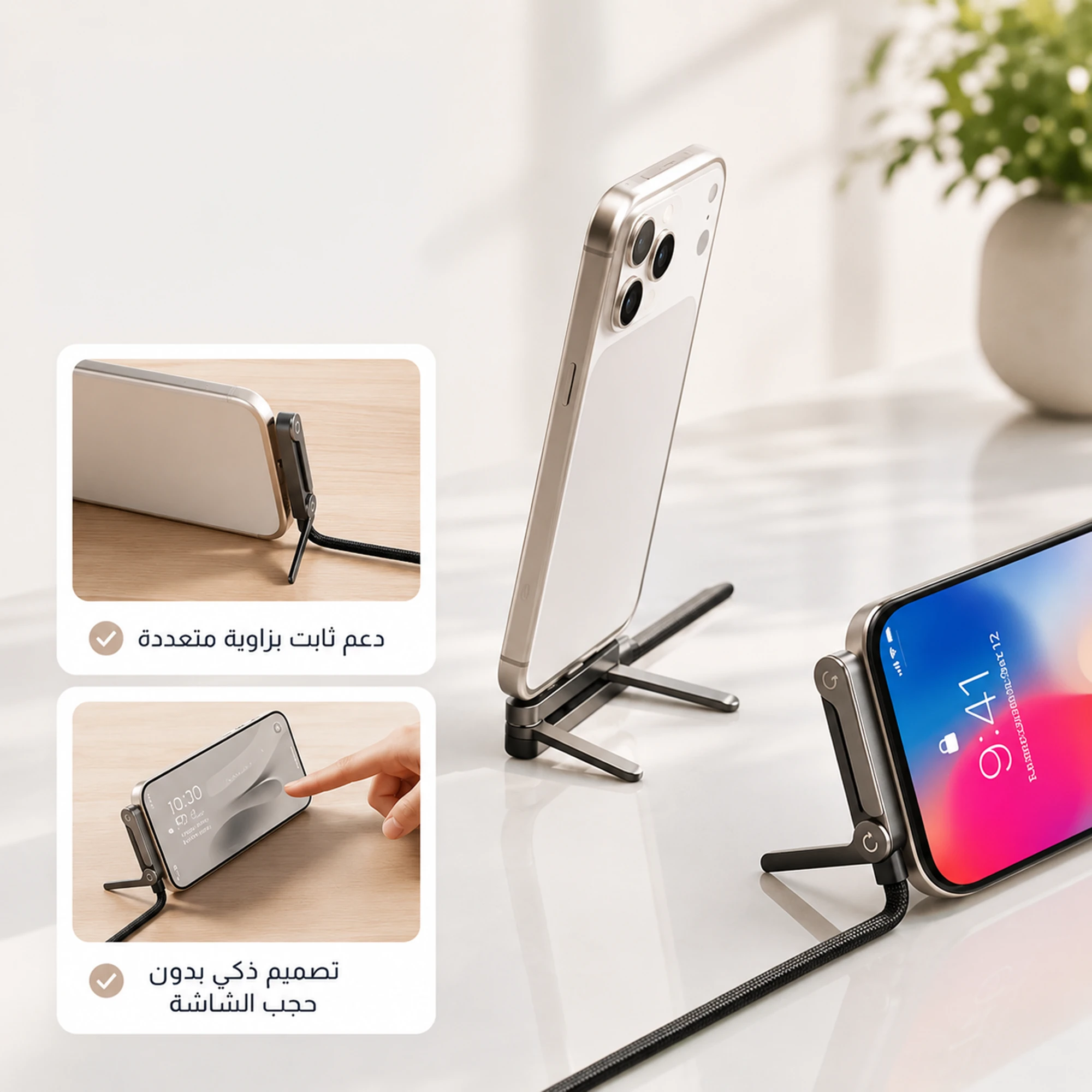 الموبايل ثابت على الستاند المعدني المدمج في الوصلة