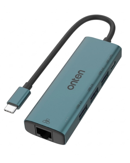 ONTEN OTN-UC121 5-in-1 USB-C to Ethernet Adapter with 3-Port USB Hub & Type-C Power Input