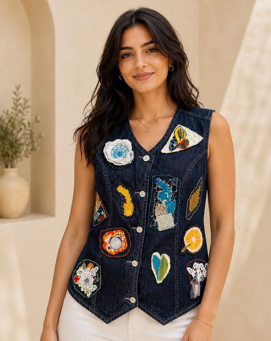 Dark-Wash Hand-Stitched Patch Denim Vest