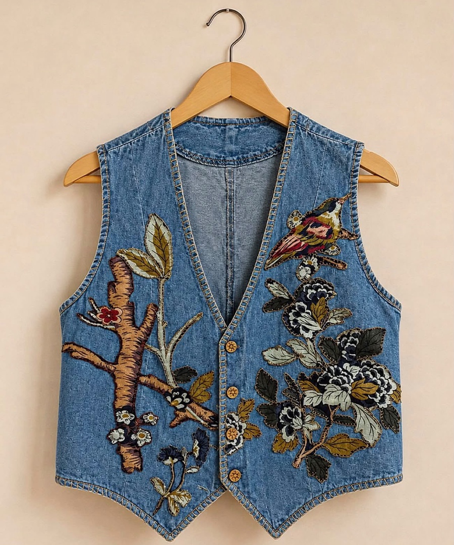Vintage Hand-Appliqué Bird Denim Vest